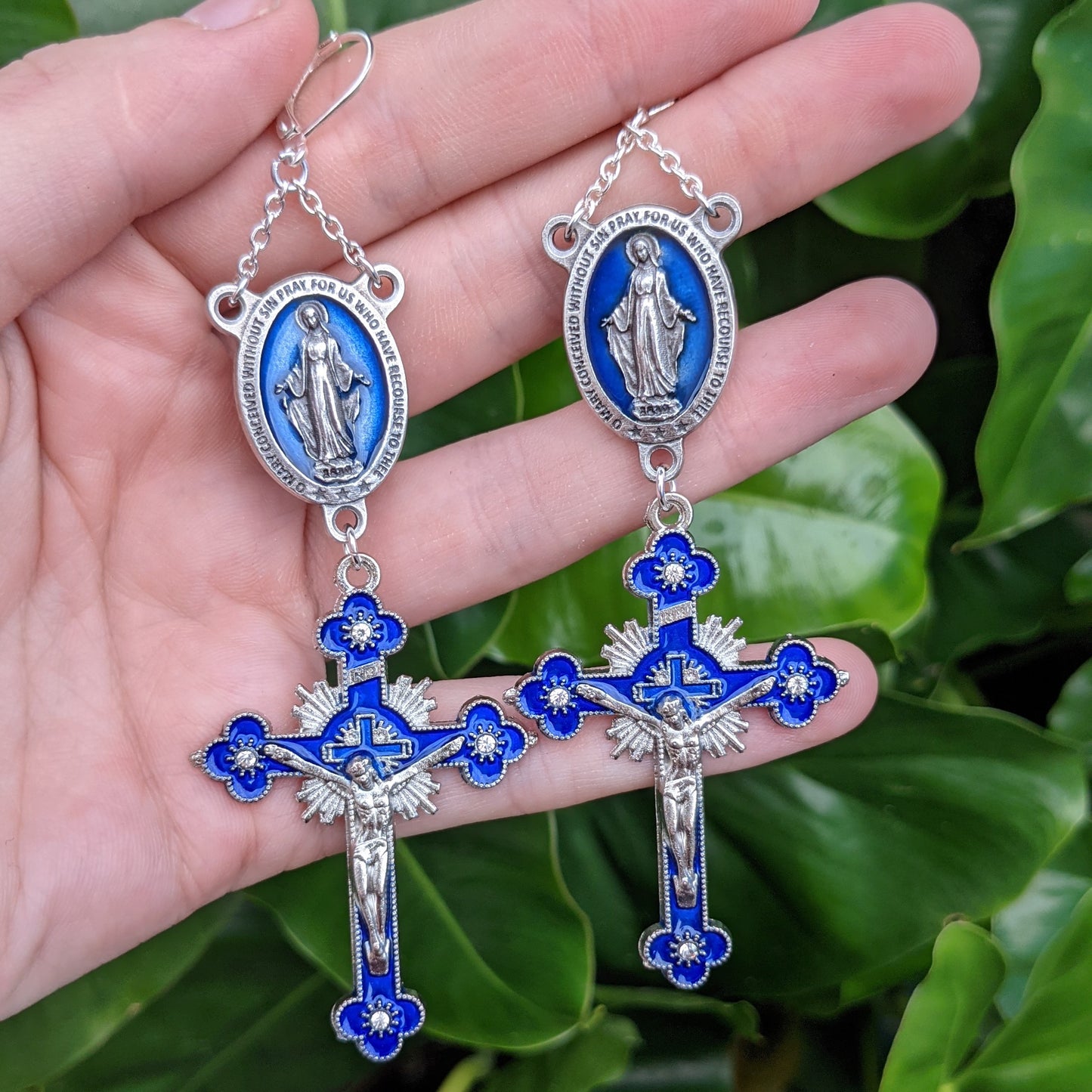 Blue Rhinestone Madonna Rosary Pair - Silver