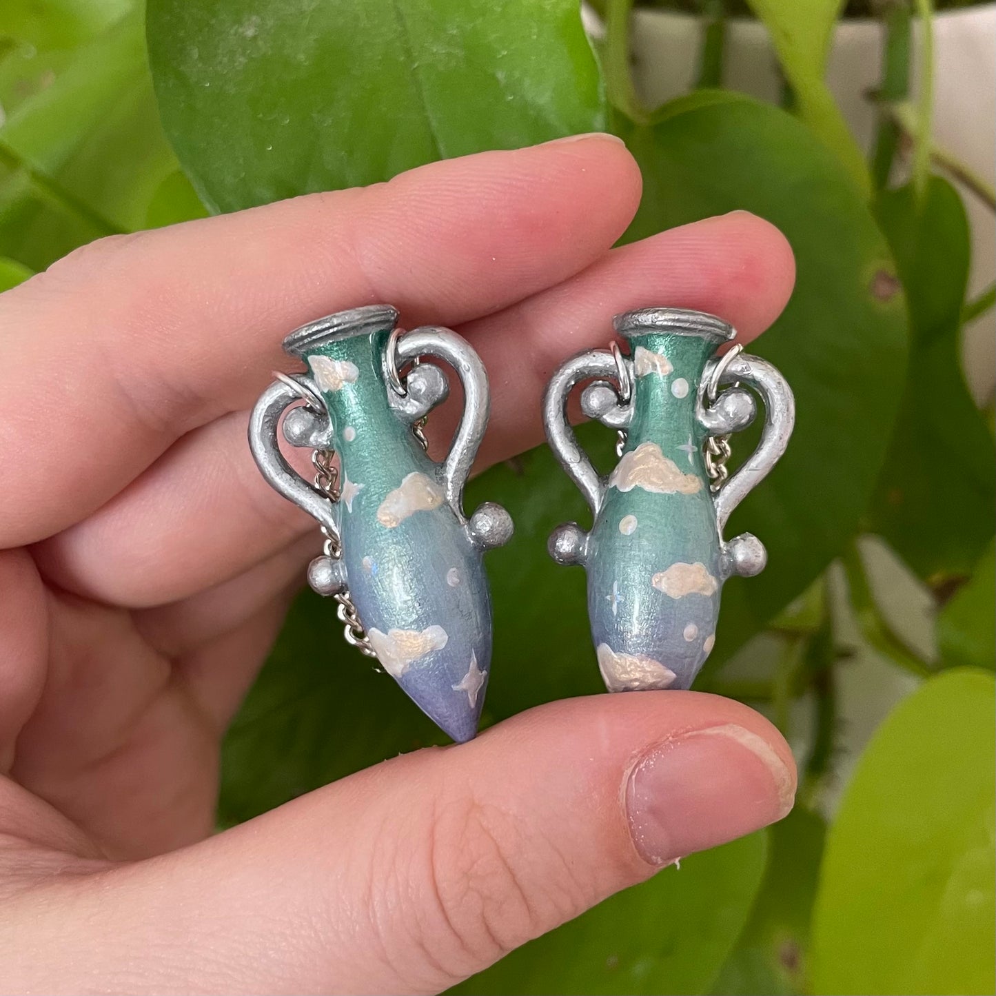Green Blue Silver Small Vase Earrings