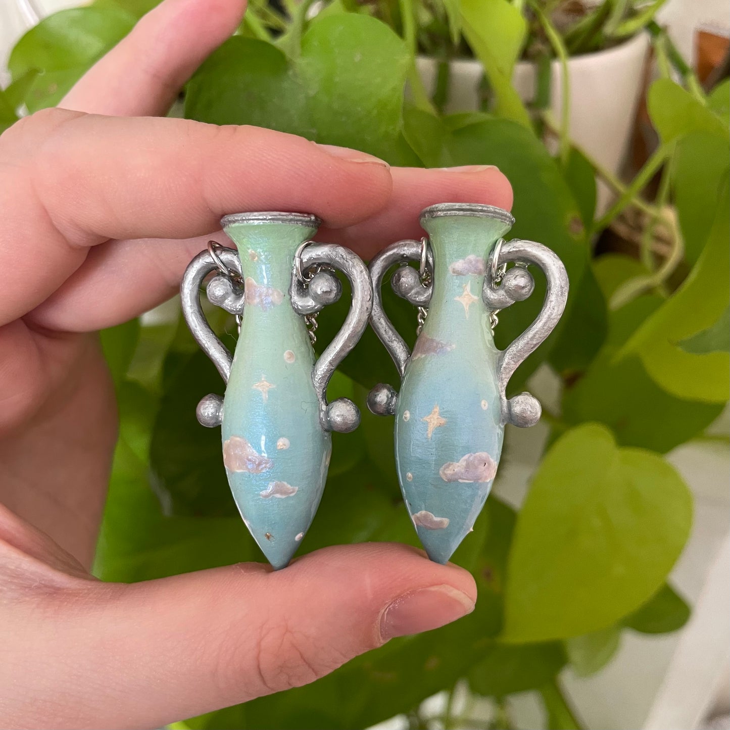 Green Blue Silver Large Vase Earrings