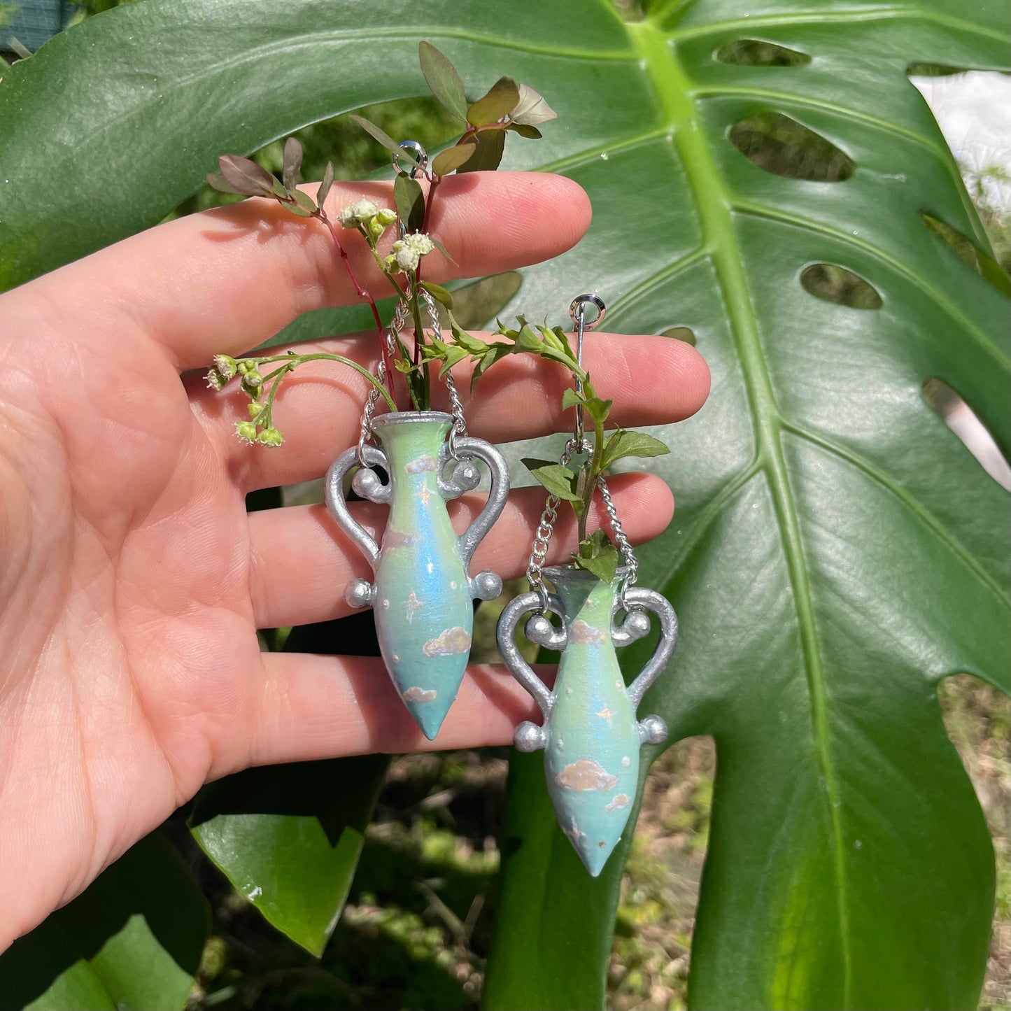 Green Blue Silver Large Vase Earrings