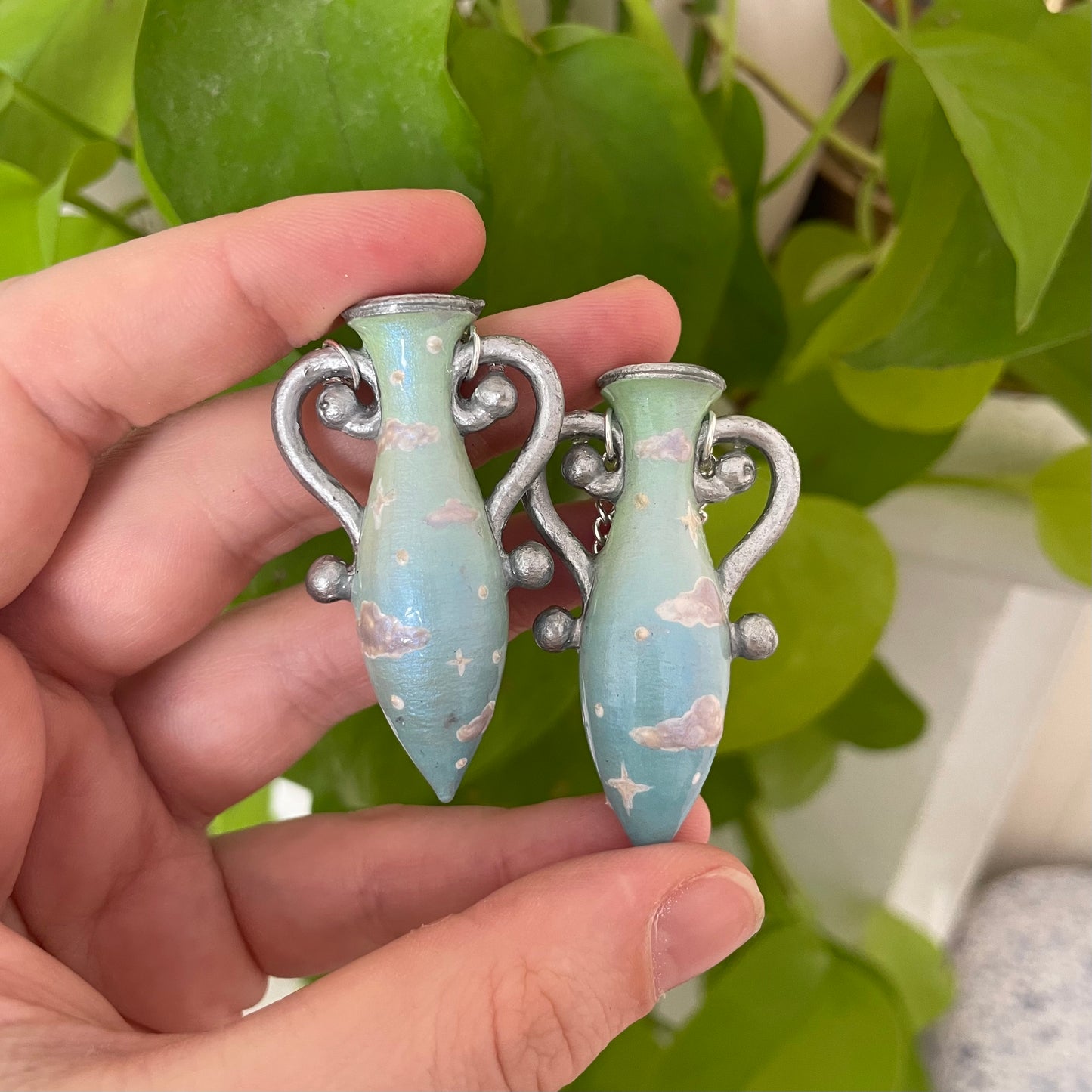 Green Blue Silver Large Vase Earrings