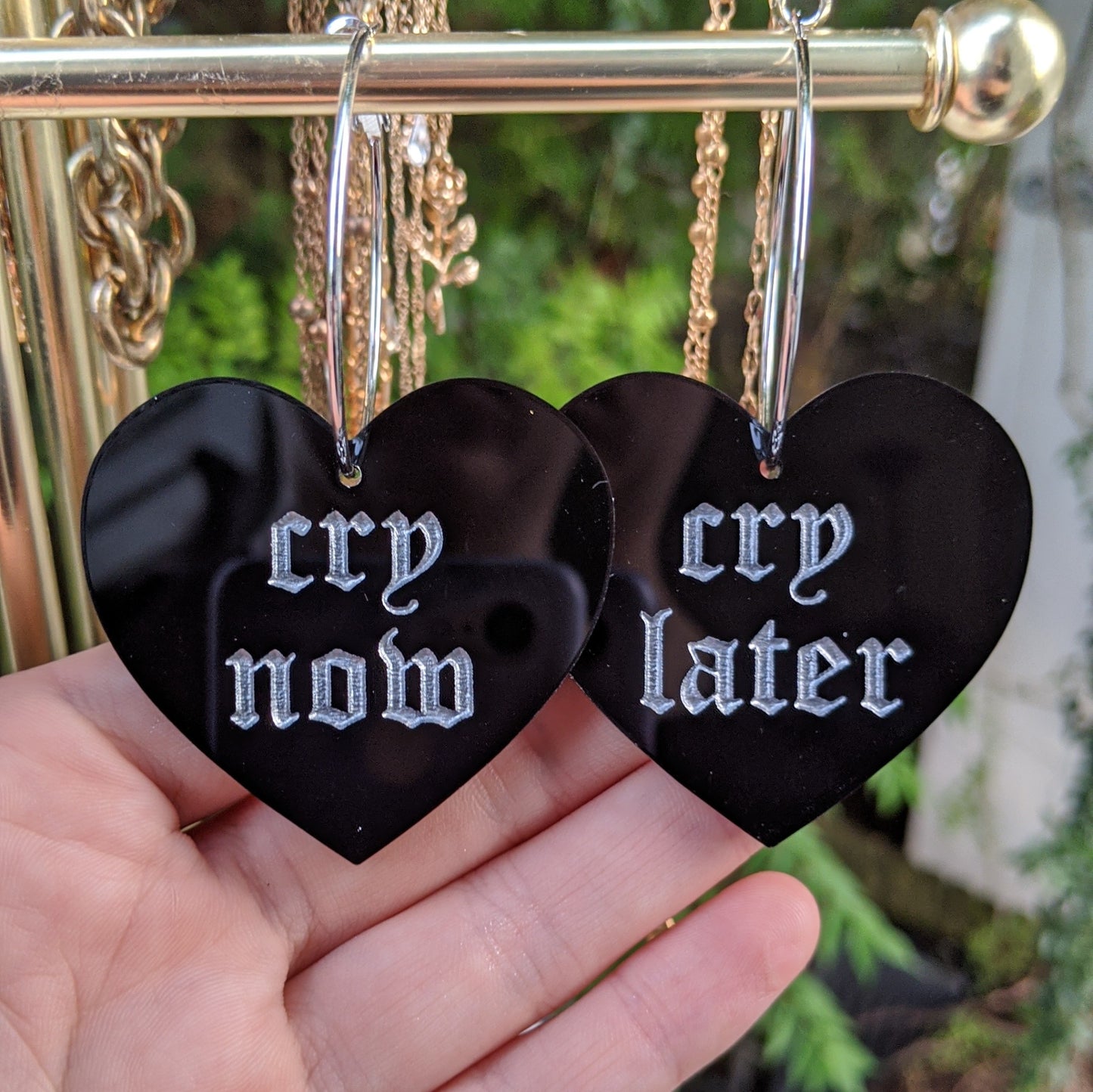 Cry Now Cry Later Heart Hoops - Black