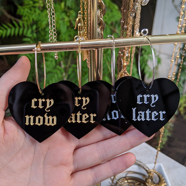 Cry Now Cry Later Heart Hoops - Black