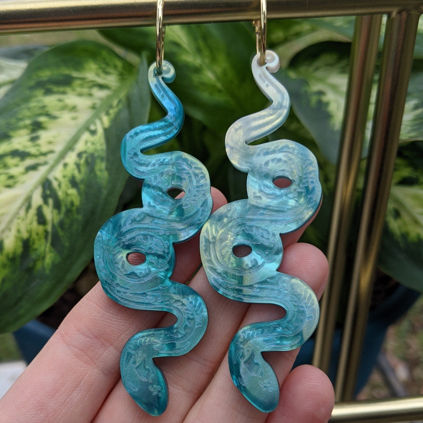 Iridescent Green Snake Hoops