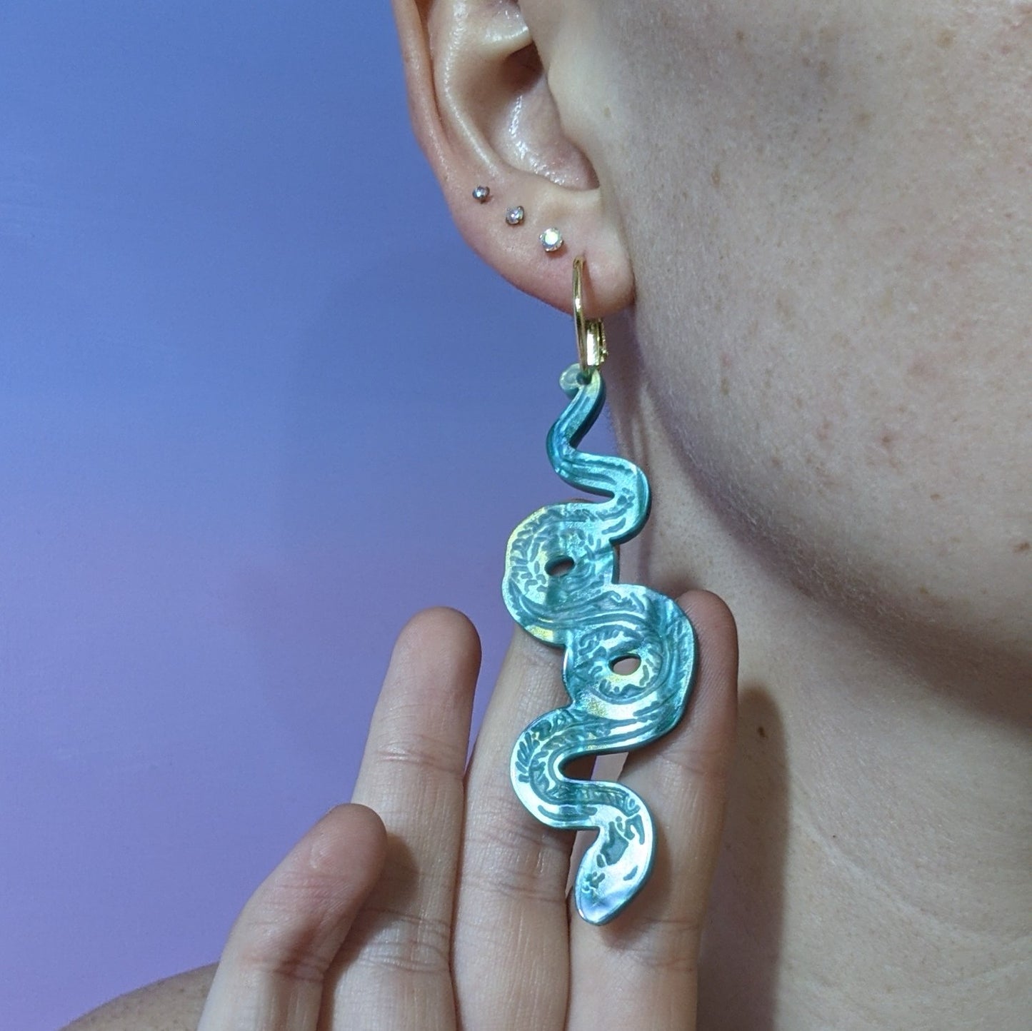 Iridescent Green Snake Hoops