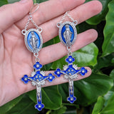 Blue Rhinestone Madonna Rosary Pair - Silver