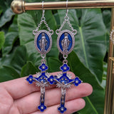 Blue Rhinestone Madonna Rosary Pair - Silver