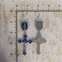 Blue Rhinestone Madonna Rosary Pair - Silver