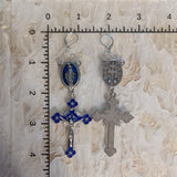 Blue Rhinestone Madonna Rosary Pair - Silver